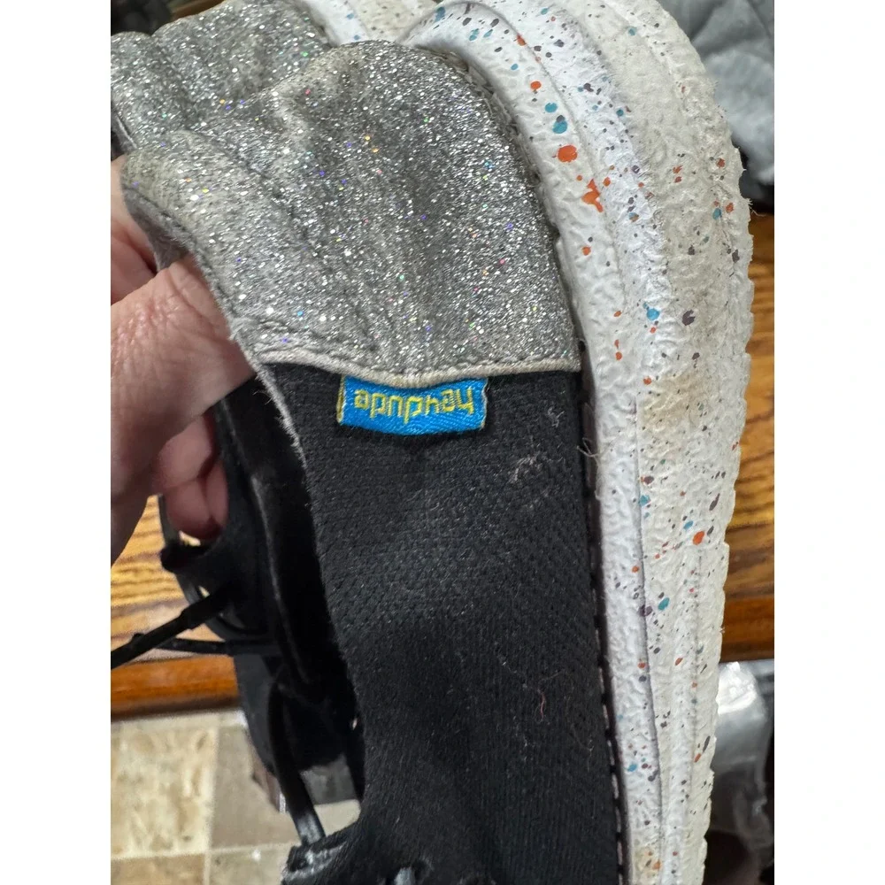 Hey Dude Wendy Youth Disco Black Silver Glitter Slip On Loafers Shoes Size 3